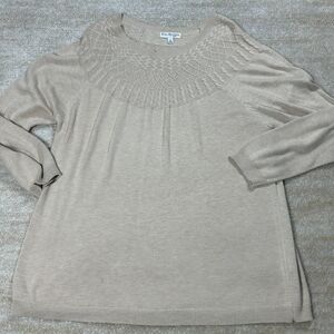 Kim Rogers Curvy‎ Sweater Womens 2X Beige Cable Knit Yoke Long Sleeve Pullover
